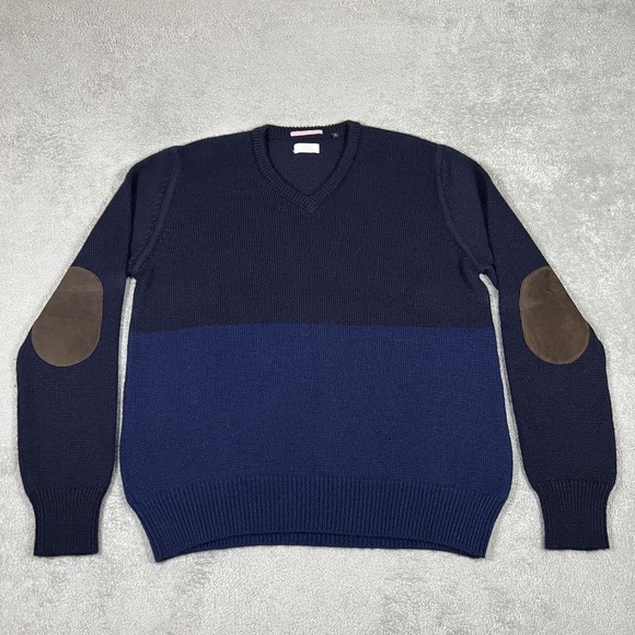 Apolis Global Citizen Sweater Mens Lage Blue Alpaca Wool Sweatshirt Elbow Patchs - Picture 1 of 13
